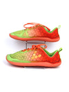 Vivobarefoot Primus Lite women's barefoot exercise shoes in an orange and lime green colorway with a hexagonal pattern.