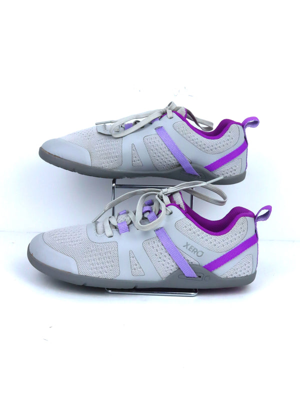 Xero Shoes Women's Prio Neo barefoot training shoes in a grey and purple colorway.