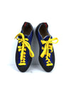Boreal Zephyr lace-up rock climbing shoes in blue suede leather with yellow laces.