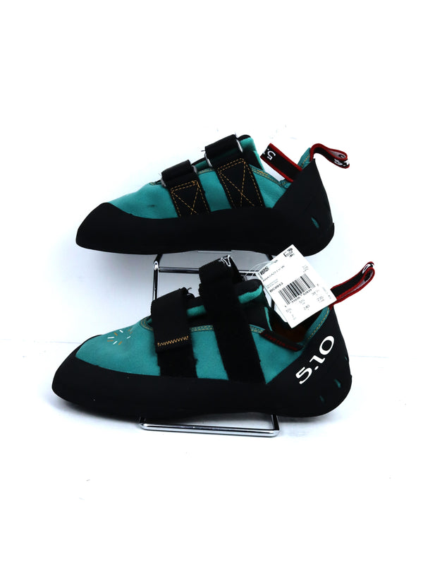 Adidas Five Ten Women's Anasazi LV (Low Volume) climbing shoes in collegiate aqua and black.