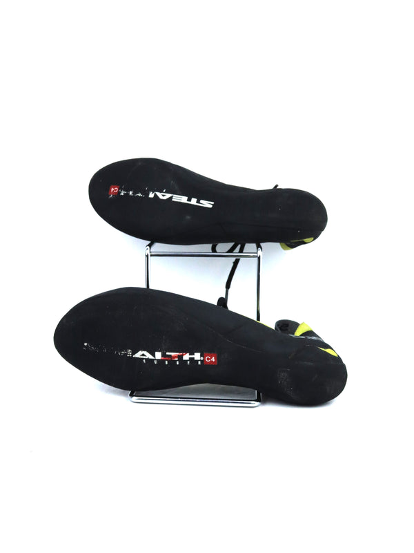 Five Ten Rogue Lace climbing shoes with a green and gray leather upper.