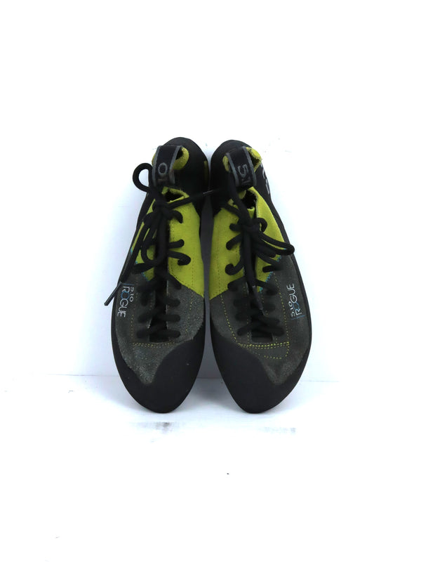 Five Ten Rogue Lace climbing shoes with a green and gray leather upper.