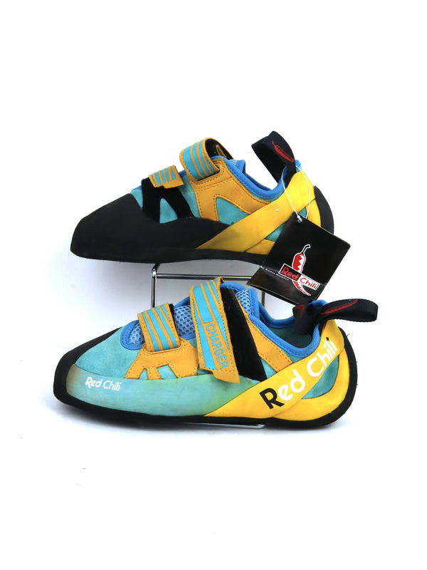 Red Chili Charger LV climbing shoes in a blue and yellow colorway.