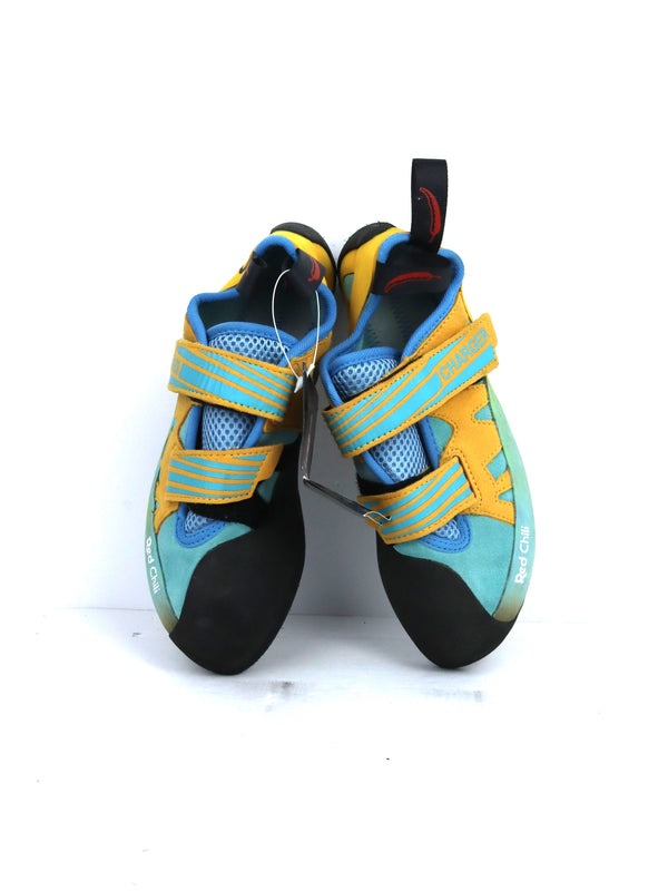 Red Chili Charger LV climbing shoes in a blue and yellow colorway.
