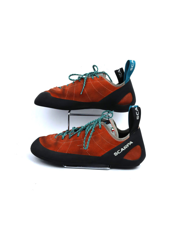 Scarpa Helix lace-up climbing shoes in mandarin red suede.