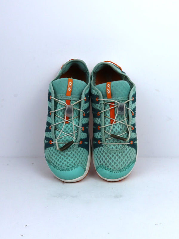 Salomon Crossamphibian Swift water shoes in a teal stretch mesh material.