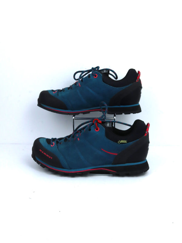 Mammut Wall Guide Low Gore-Tex approach shoes in blue and black with red accents.