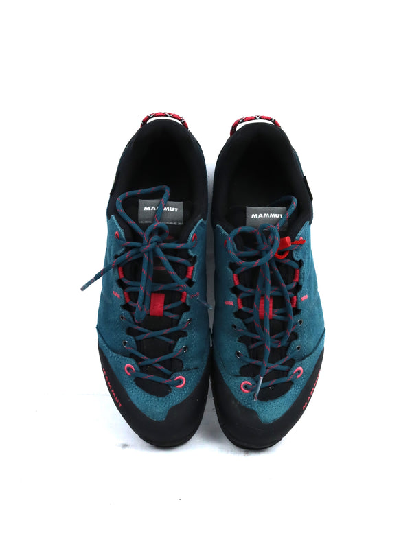 Mammut Wall Guide Low Gore-Tex approach shoes in blue and black with red accents.