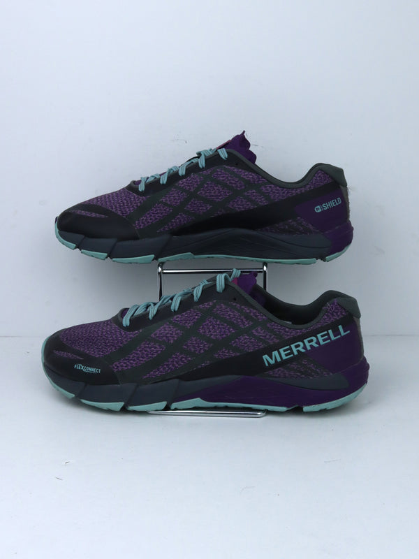 Merrell Bare Access Flex Shield trail running shoes in a purple and black "Hypernature" colorway.