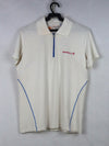 Merrell short-sleeved polo shirt with blue piping and a zipper placket.