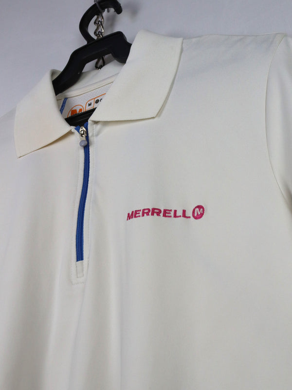 Merrell short-sleeved polo shirt with blue piping and a zipper placket.