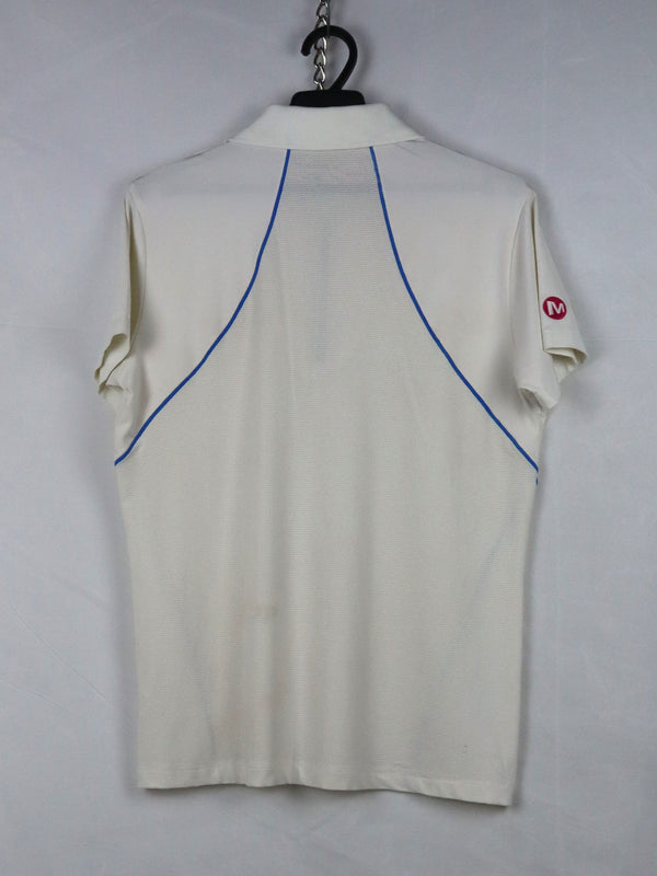 Merrell short-sleeved polo shirt with blue piping and a zipper placket.