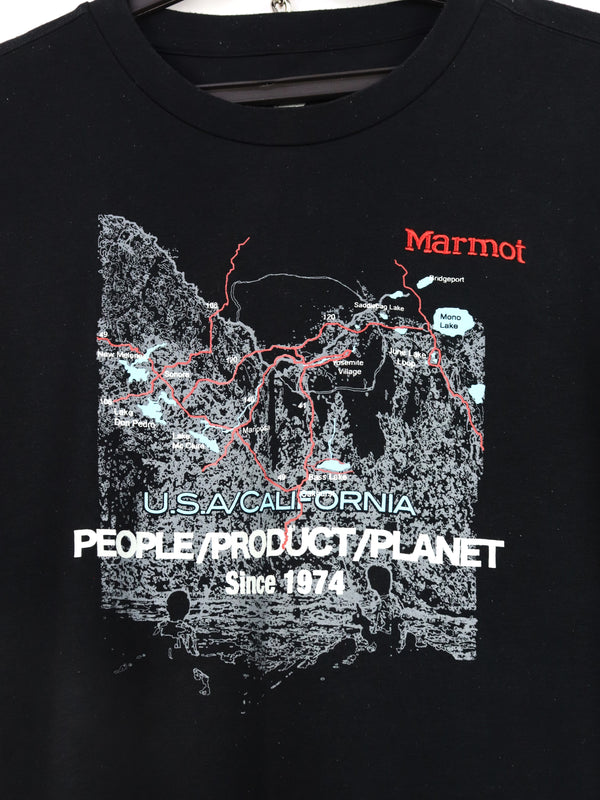 Marmot short-sleeve T-shirt with a graphic print featuring a map and text.