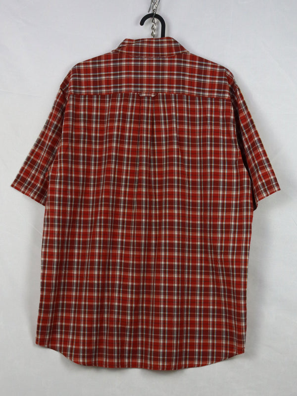 Columbia red checkered short-sleeve button-up shirt.