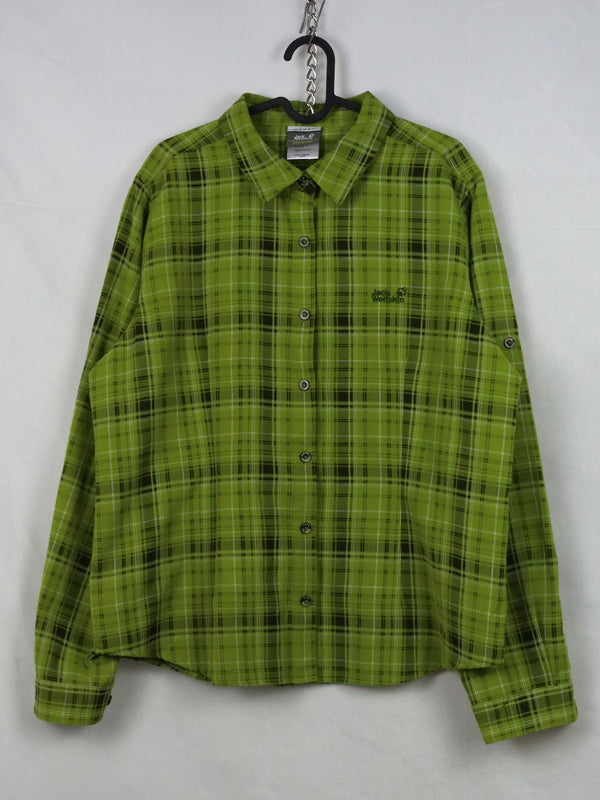 Jack Wolfskin green plaid flannel shirt.