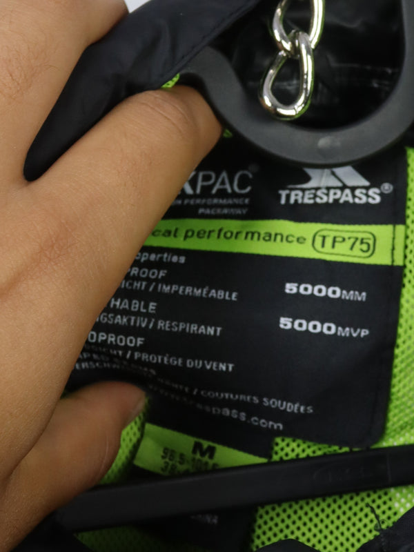 Trespass Unisex Qikpac waterproof packaway jacket with a lime green zipper.