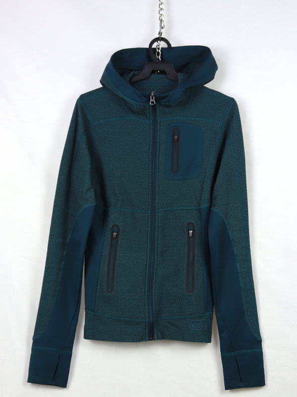 REI running jacket in teal or dark green