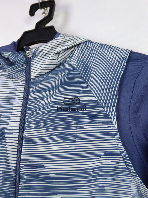 Kalenji by Decathlon athletic running jacket in blue with a printed vest overlay.