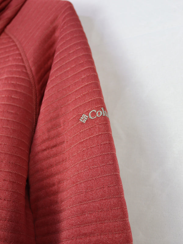 Columbia branded red ribbed half-zip pullover top.