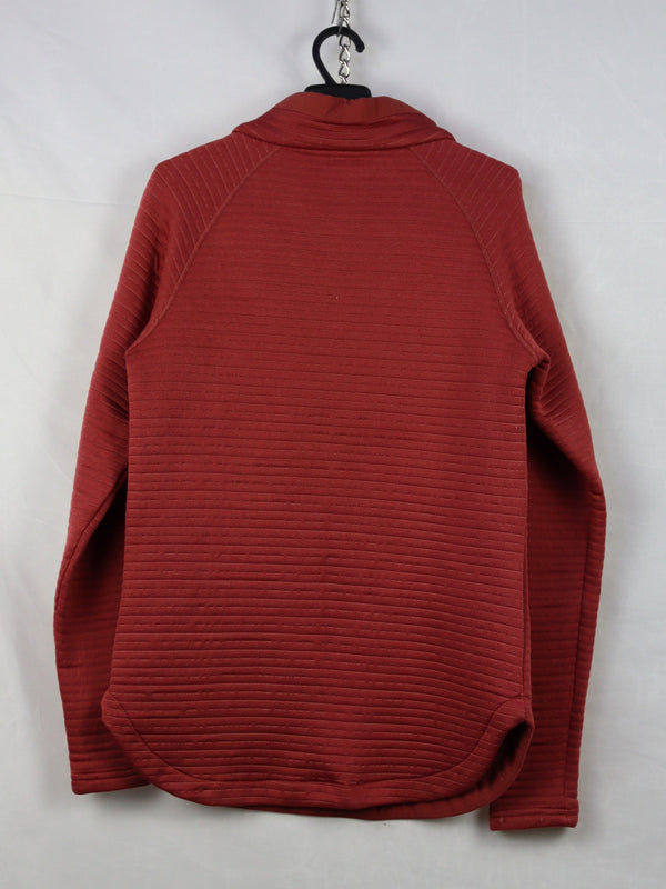Columbia branded red ribbed half-zip pullover top.