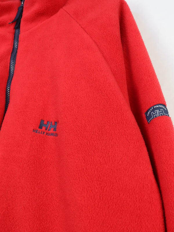Helly Hansen red full-zip fleece jacket double face with navy blue accents.