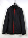 black waterproof windbreaker jacket with a red zipper and hood