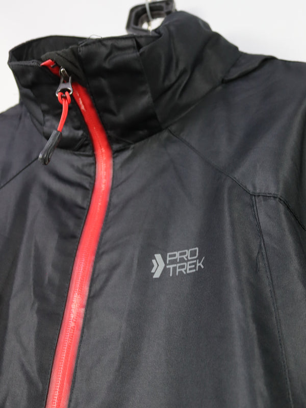 black waterproof windbreaker jacket with a red zipper and hood