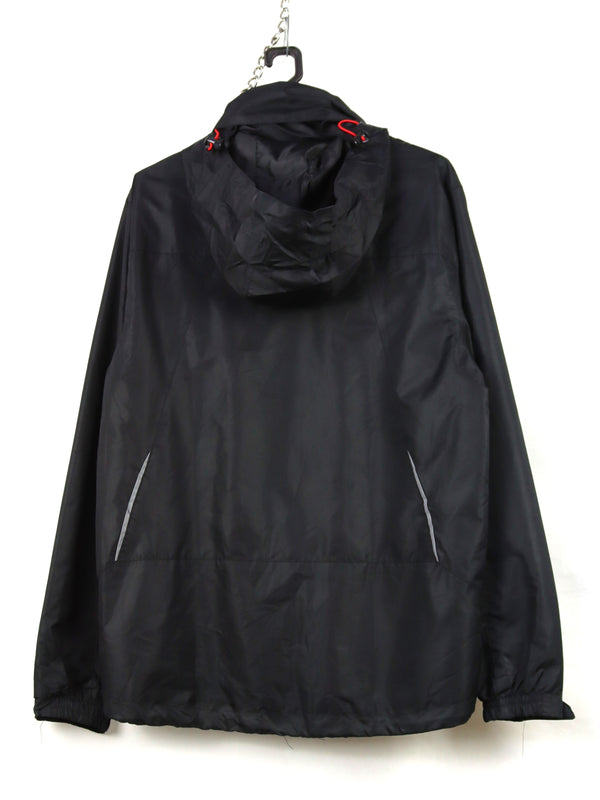 black waterproof windbreaker jacket with a red zipper and hood