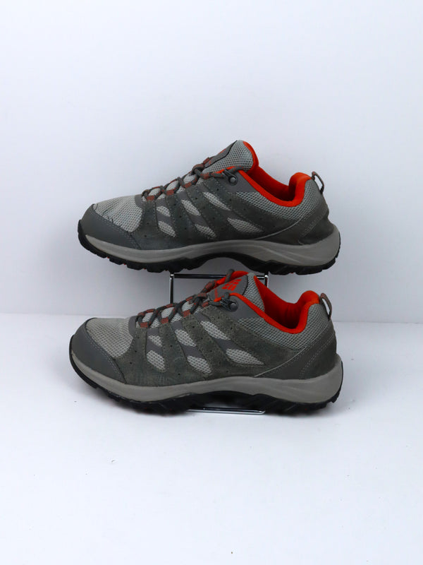 Columbia Women's Redmond III Waterproof Hiking Shoes in a grey and red colorway.