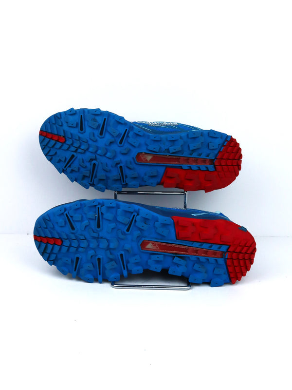 Columbia Montrail Trans Alps F.K.T. II trail running shoe in a blue and red colorway.