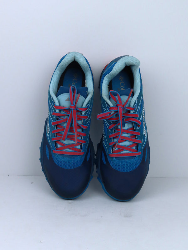 Columbia Montrail Trans Alps F.K.T. II trail running shoe in a blue and red colorway.