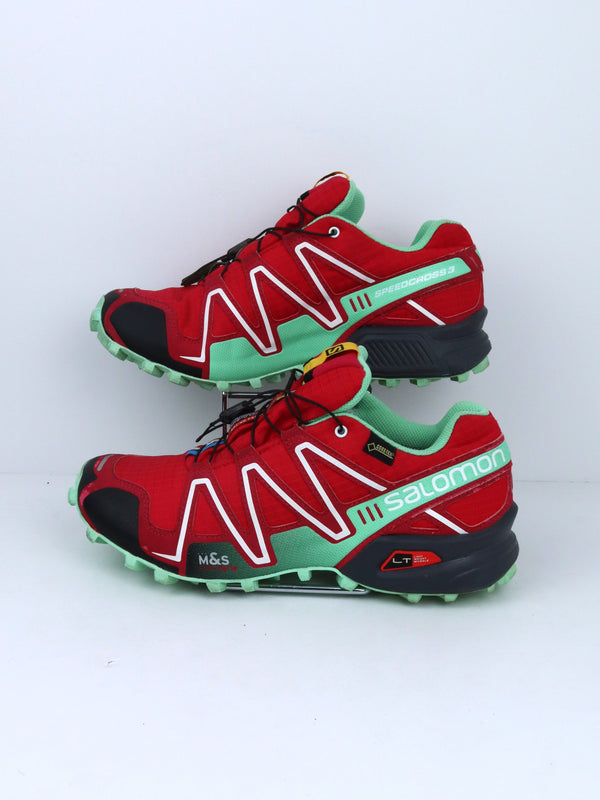 Salomon Speedcross 3 Gore-Tex trail running shoes in a red and mint green colorway
