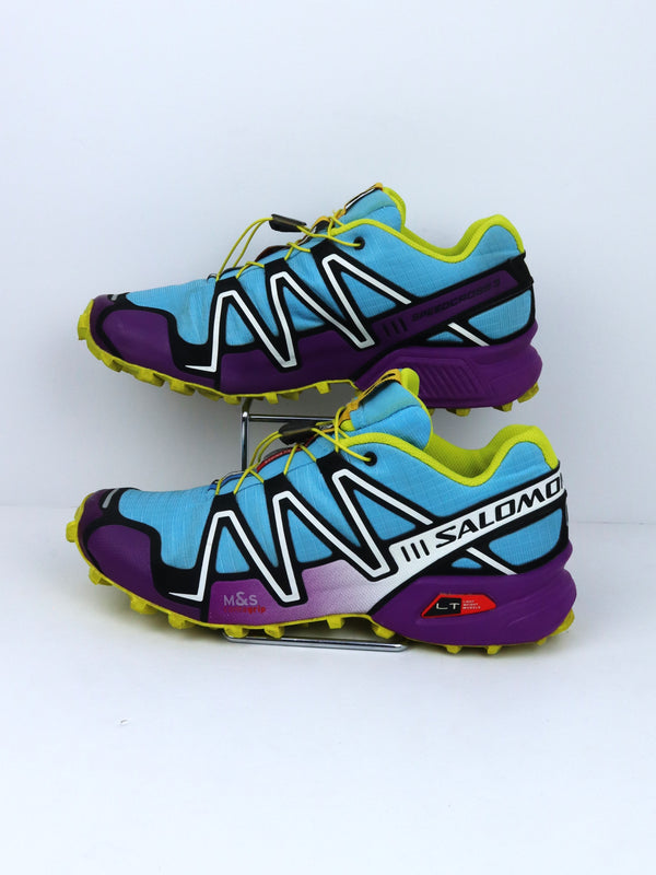 Salomon Speedcross 3 trail running shoe in a blue and yellow colorway.