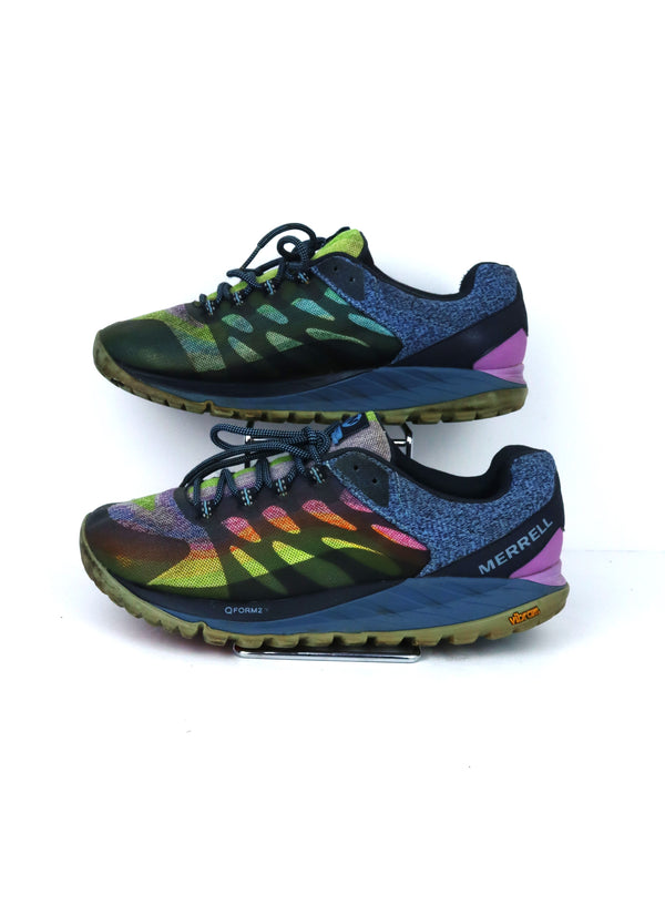 Merrell Antora 2 trail running shoes in the "Rainbow" or multi-color variant