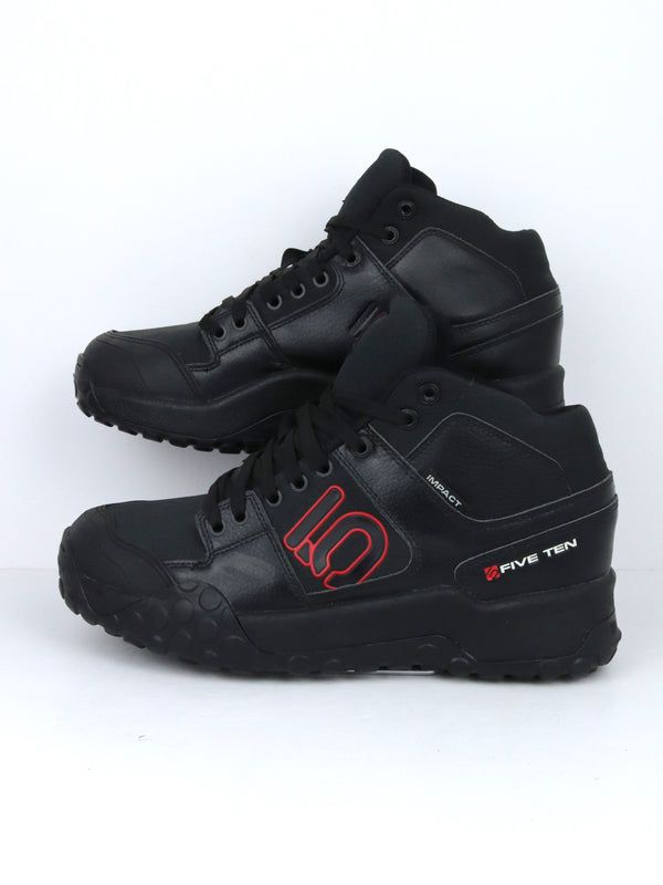 Five Ten Impact High mountain bike shoes in black with red branding.
