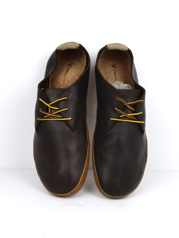 Vivobarefoot Ra II men's leather barefoot oxford shoes in brown with a gum sole.
