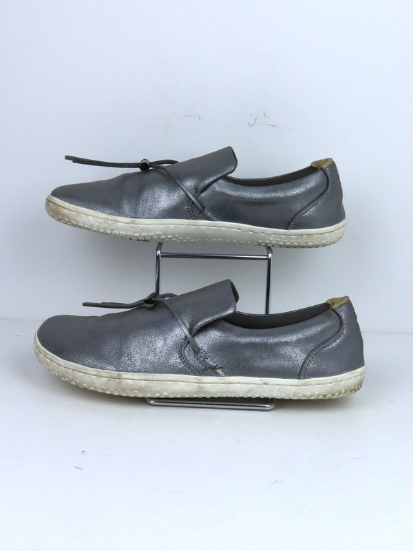 Vivobarefoot Ra Slip On women's barefoot shoes in a metallic gray/silver leather.