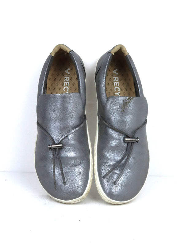 Vivobarefoot Ra Slip On women's barefoot shoes in a metallic gray/silver leather.