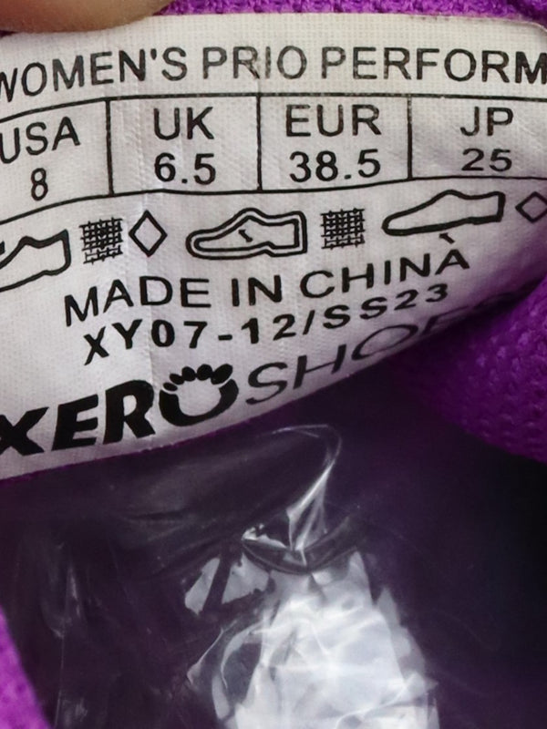 Xero Shoes Women's Prio Neo barefoot training shoes in a grey and purple colorway.