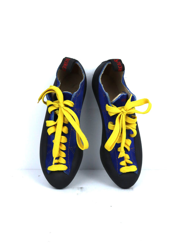 Boreal Zephyr lace-up rock climbing shoes in blue suede leather with yellow laces.