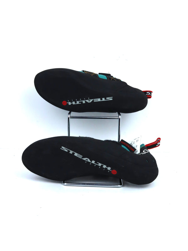 Adidas Five Ten Women's Anasazi LV (Low Volume) climbing shoes in collegiate aqua and black.