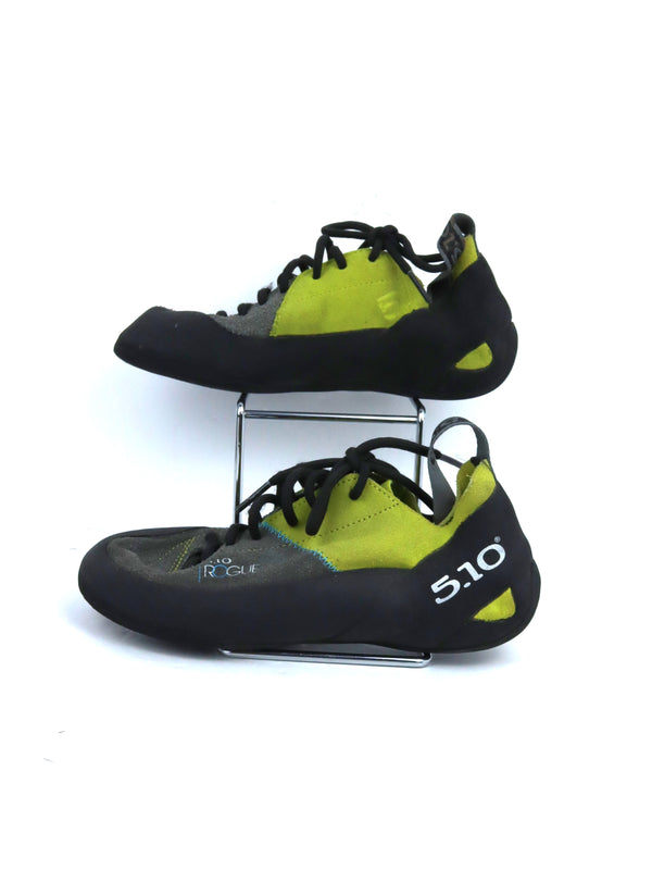 Five Ten Rogue Lace climbing shoes with a green and gray leather upper.