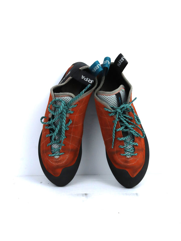 Scarpa Helix lace-up climbing shoes in mandarin red suede.
