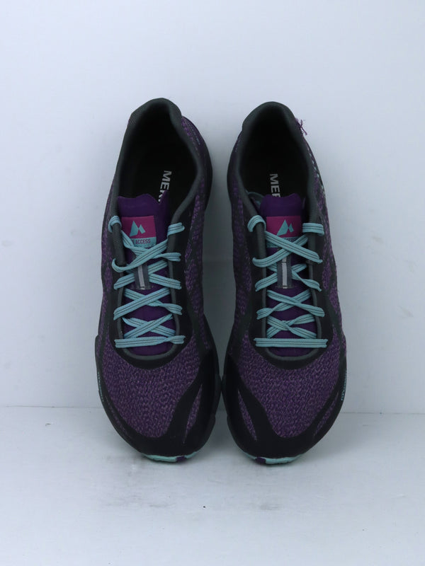 Merrell Bare Access Flex Shield trail running shoes in a purple and black "Hypernature" colorway.