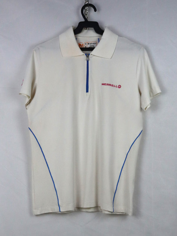 Merrell short-sleeved polo shirt with blue piping and a zipper placket.