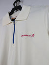 Merrell short-sleeved polo shirt with blue piping and a zipper placket.