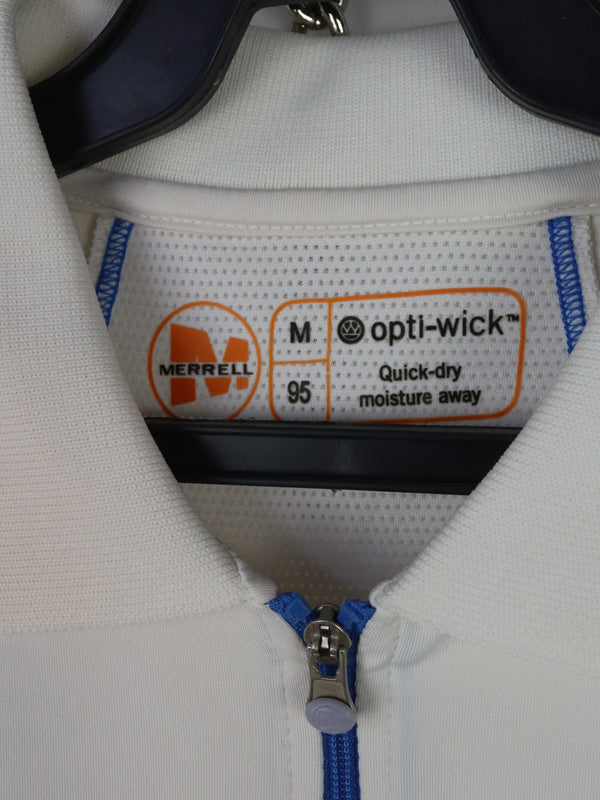 Merrell short-sleeved polo shirt with blue piping and a zipper placket.