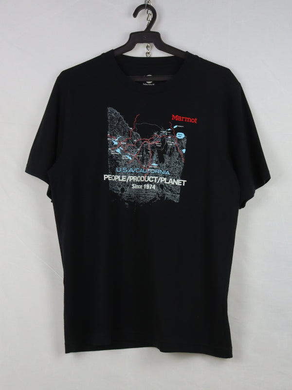 Marmot short-sleeve T-shirt with a graphic print featuring a map and text.