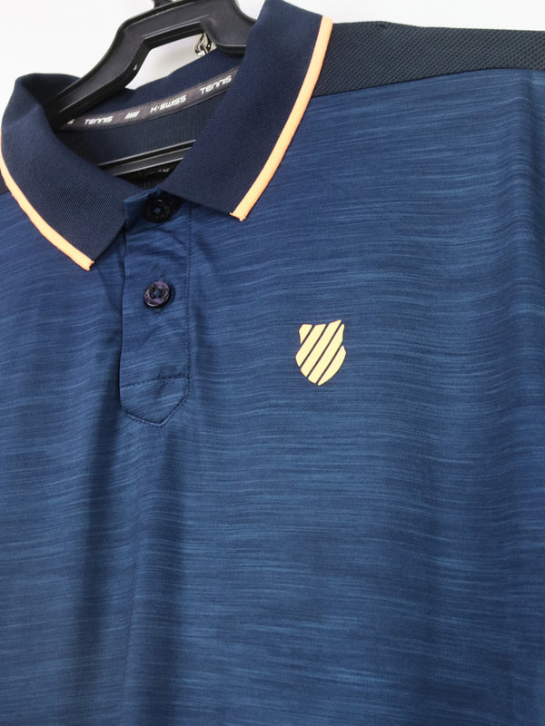 K-Swiss navy blue and black polo shirt with orange trim.