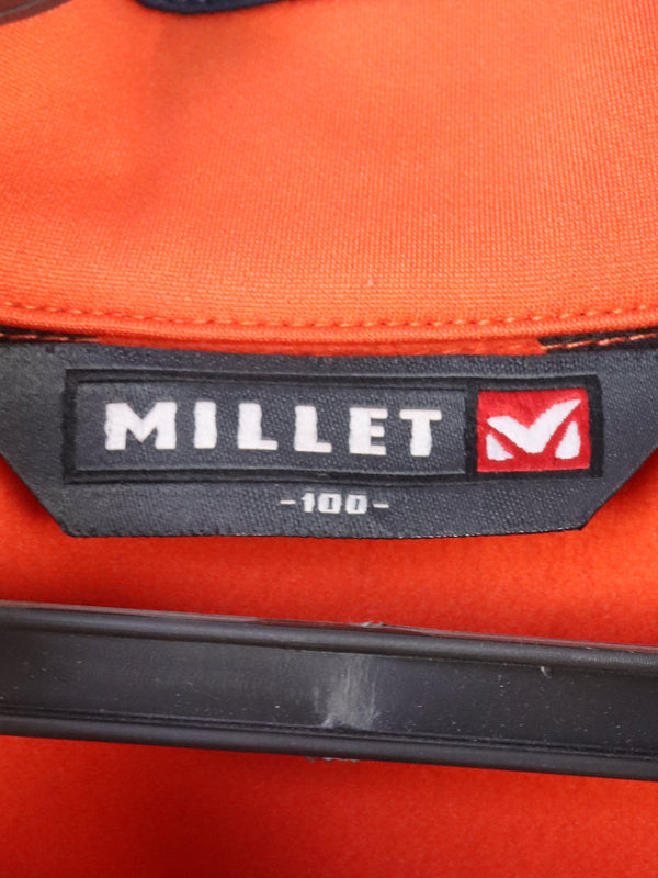 Millet Morpho Zip long-sleeved hiking tee-shirt in orange and blue made with Polartec Power Dry fabric.